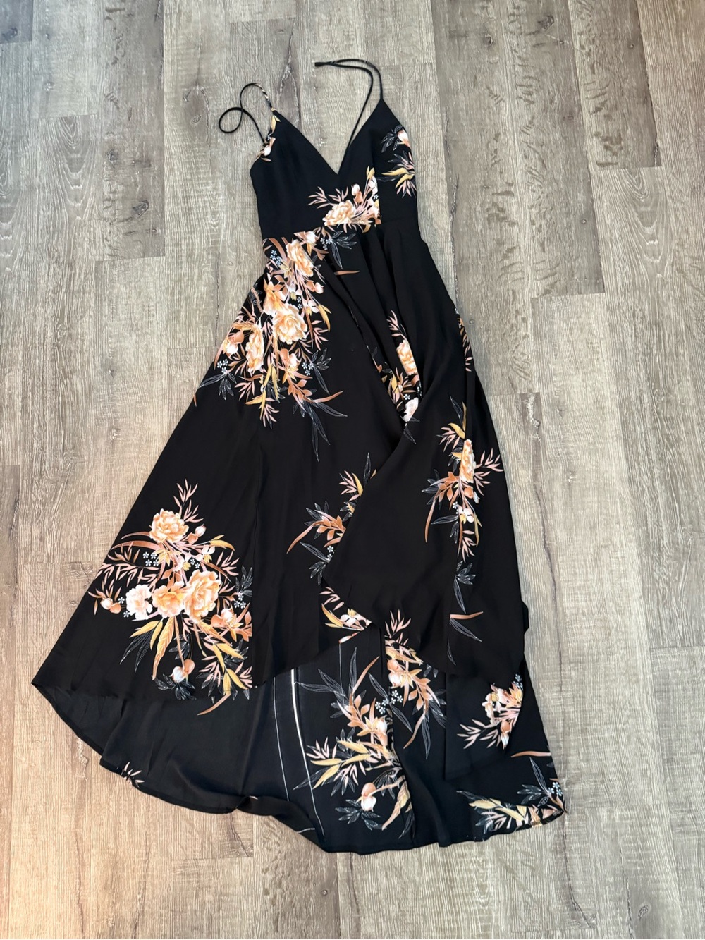 Hello Molly Floral High Low Maxi Dress Size 8 Black V Neck Open Front Flowy